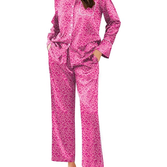 Satin Pajama Set Button Down Lounge Wear Long Pants Sleepwear with Pockets - Picture 1 of 8